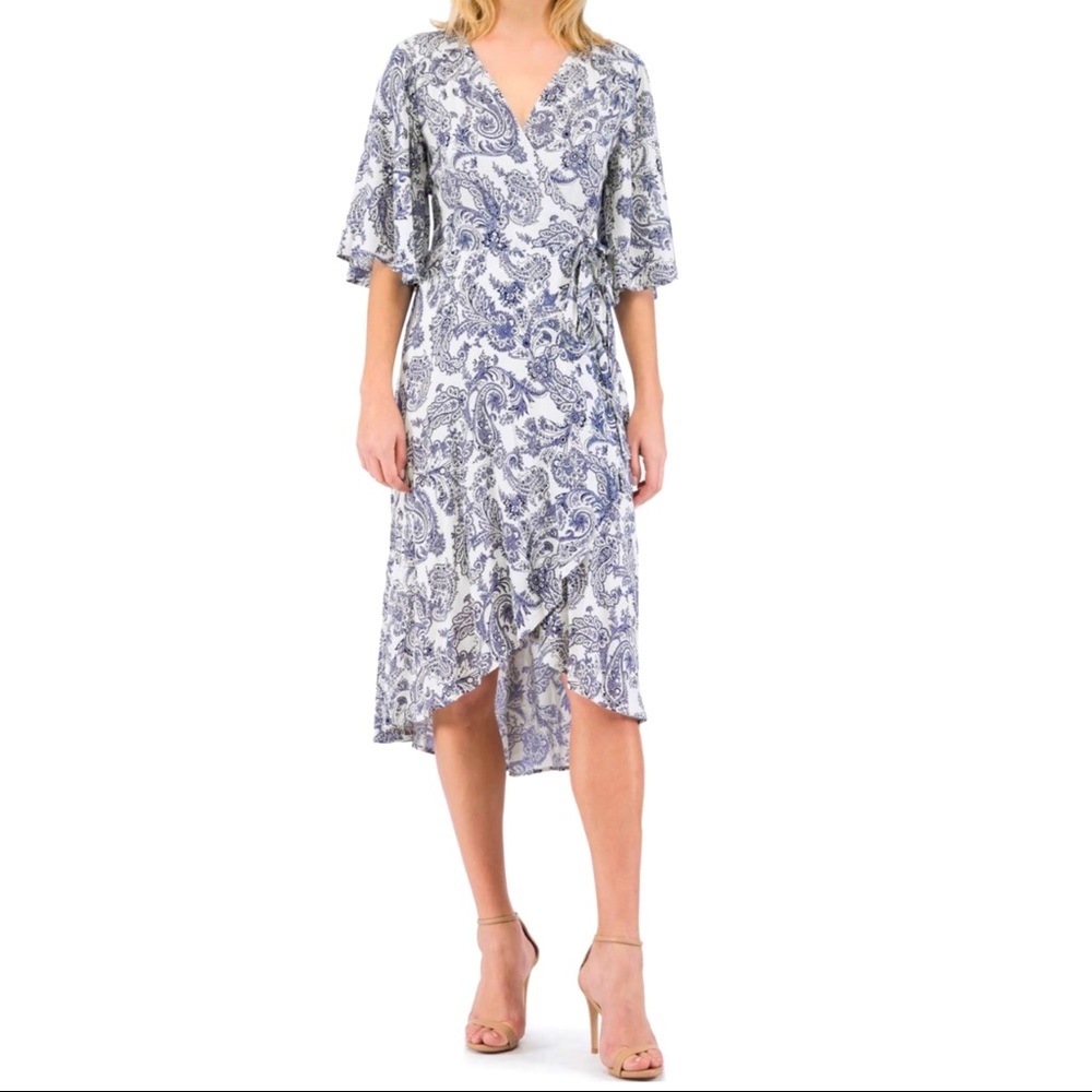 Bobeau $98 Nordstrom Orna Navy Paisley Print Wrap Dress